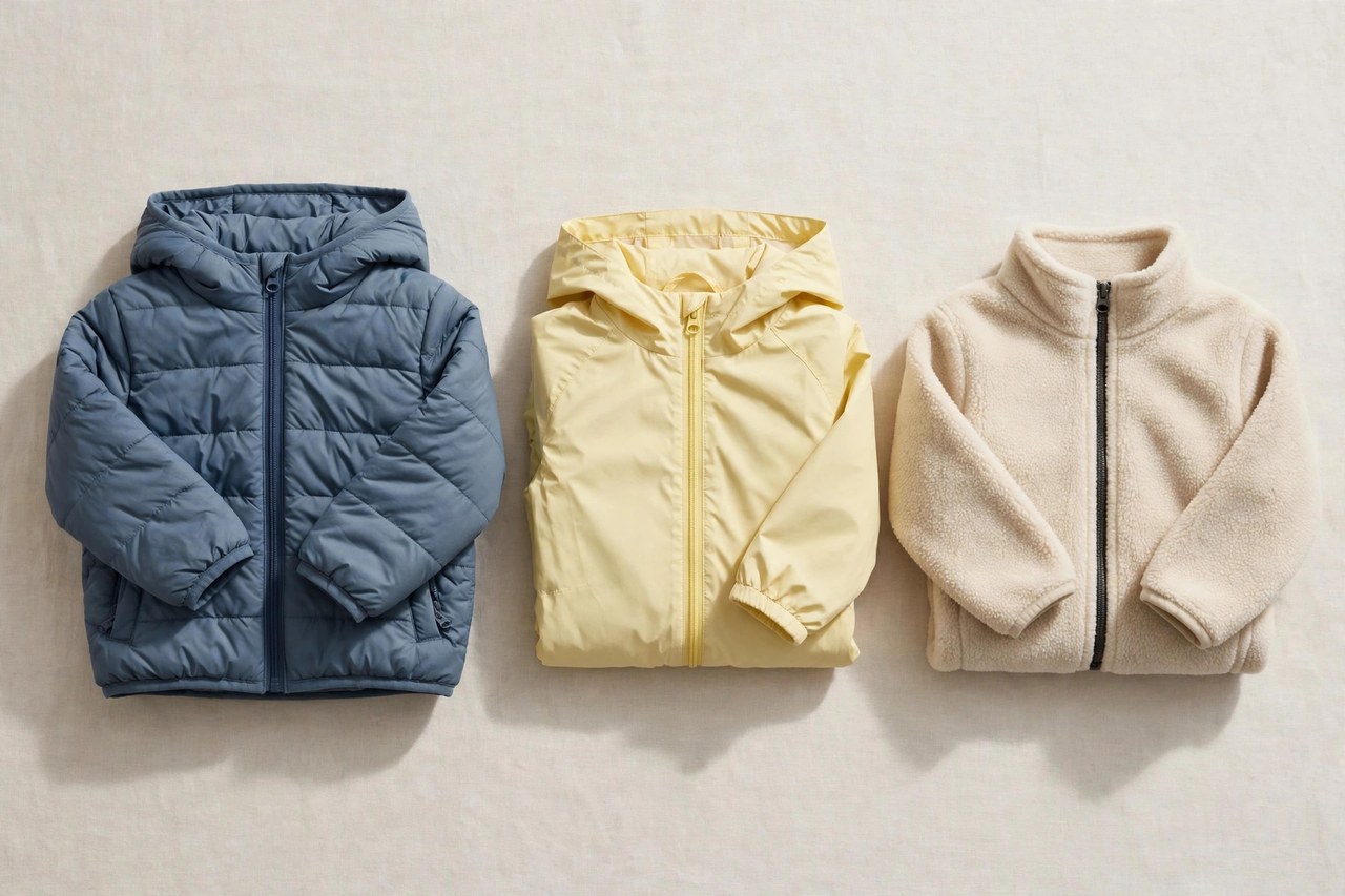 A flat lay of children's jackets: a zip-front insulated jacket, a lightweight rain jacket and a fleece jacket folded and arranged on a clean background, product photography with no people, no children and no mannequins