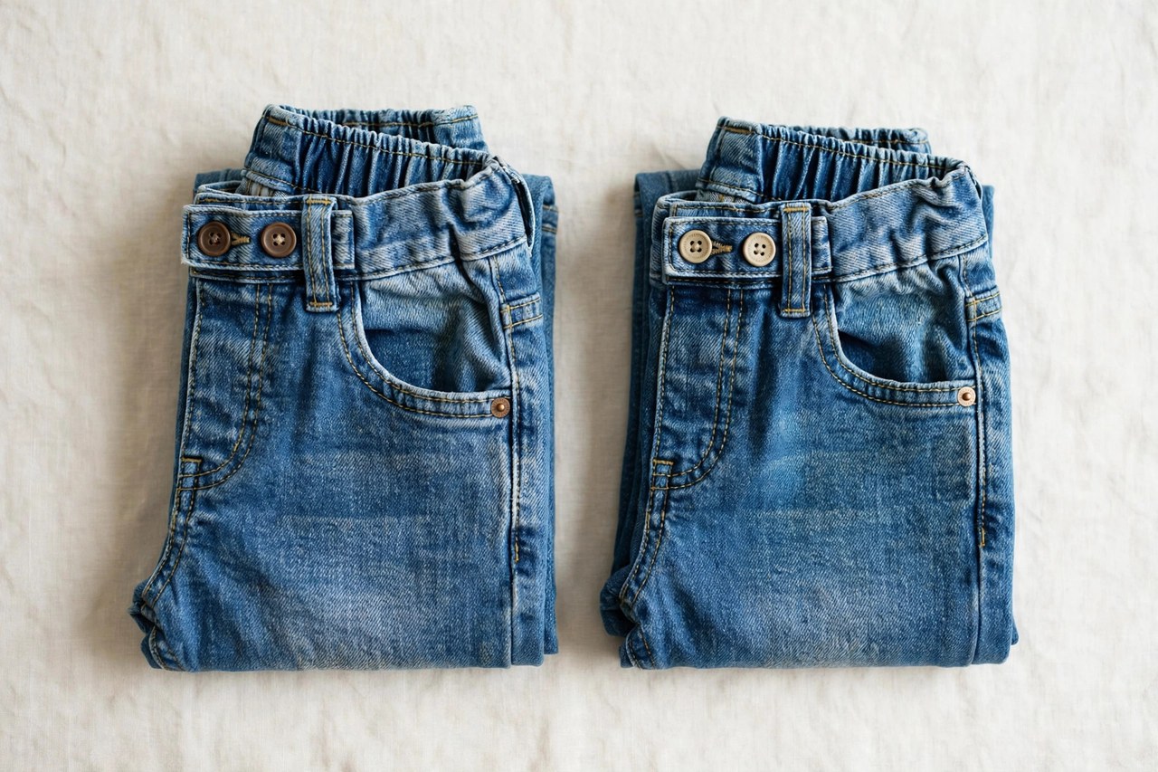 A flat lay of children's jeans: two folded pairs of blue denim jeans with visible stitching, adjustable waistband buttons and elastic, arranged on a clean background, product photography with no people, no children and no mannequins