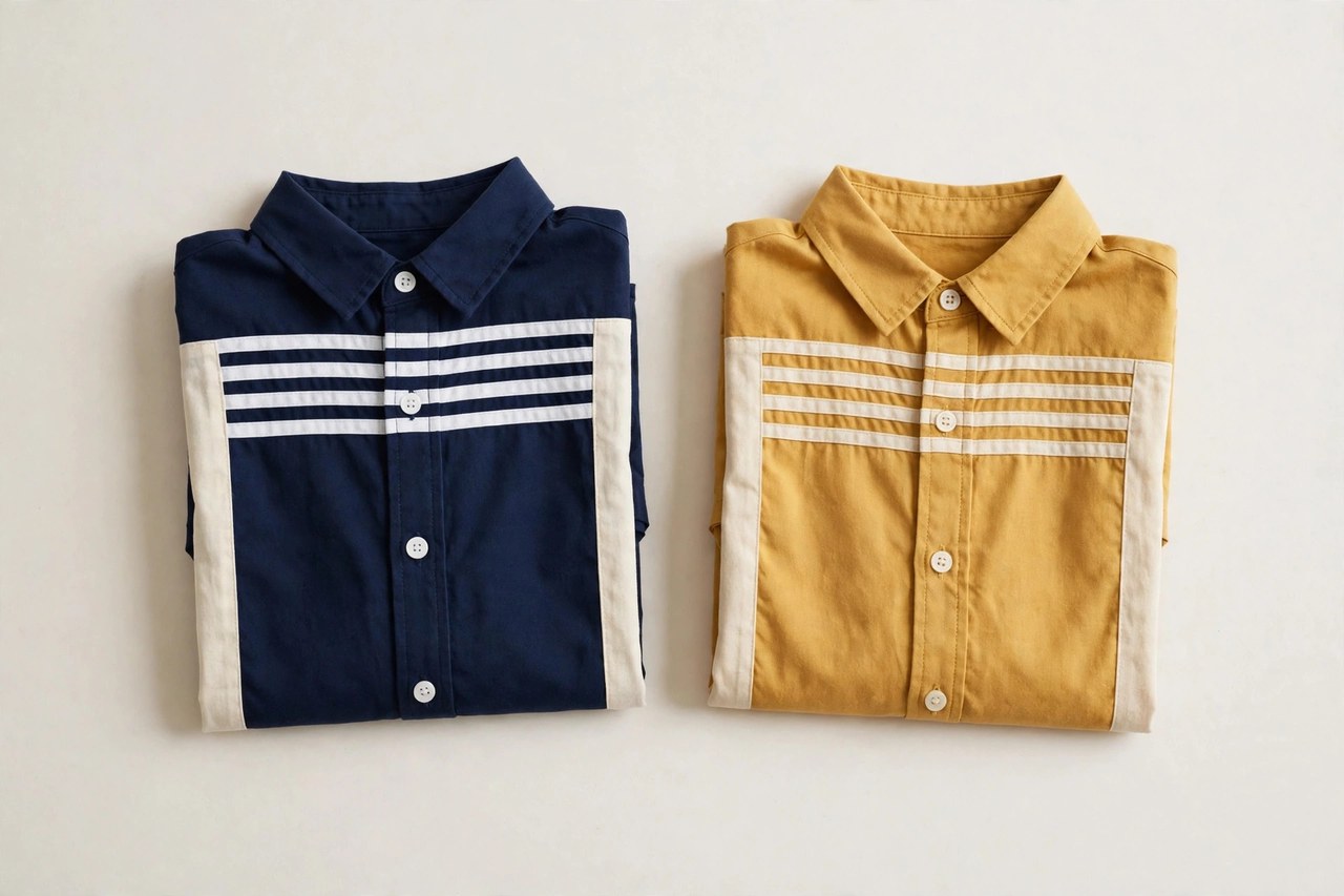 A flat lay of children's bowling shirts: two short-sleeve button-front shirts with contrast panels and chest stripes, folded on a clean background, product photography with no people, no children and no mannequins