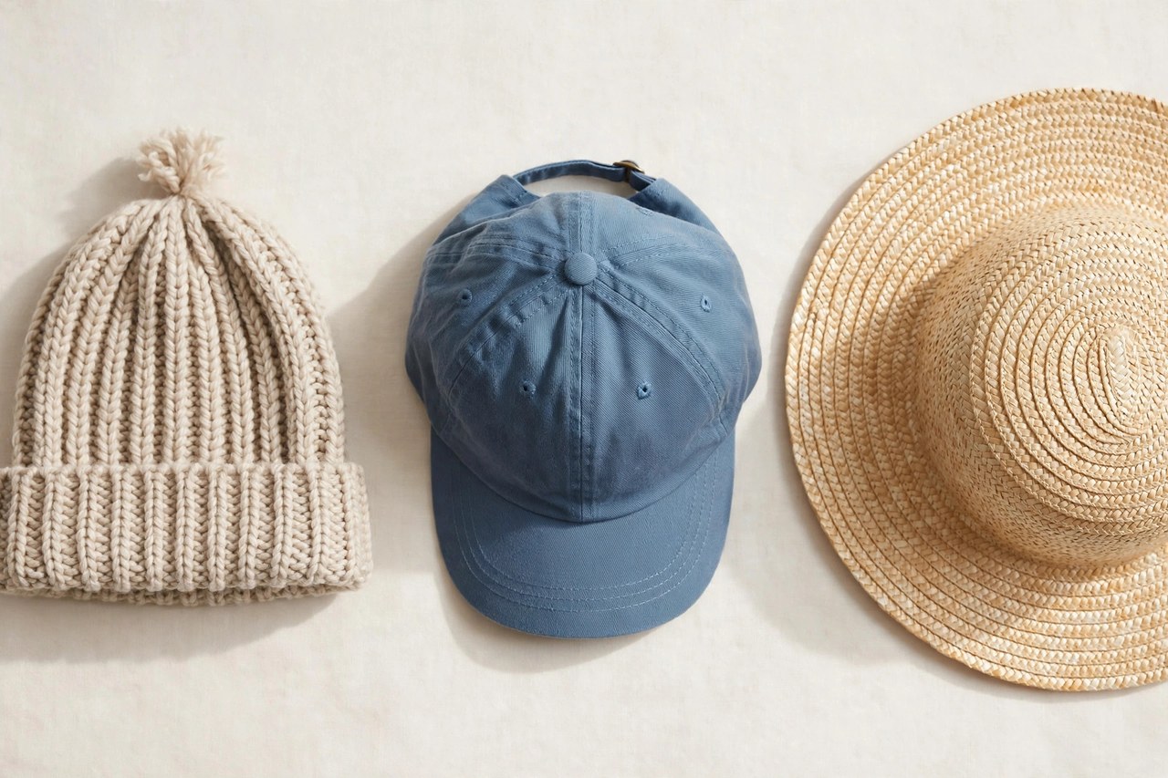 A flat lay of children's hats: a knitted winter hat, a baseball cap and a wide-brim sun hat arranged on a clean background, product photography with no people, no children and no mannequins