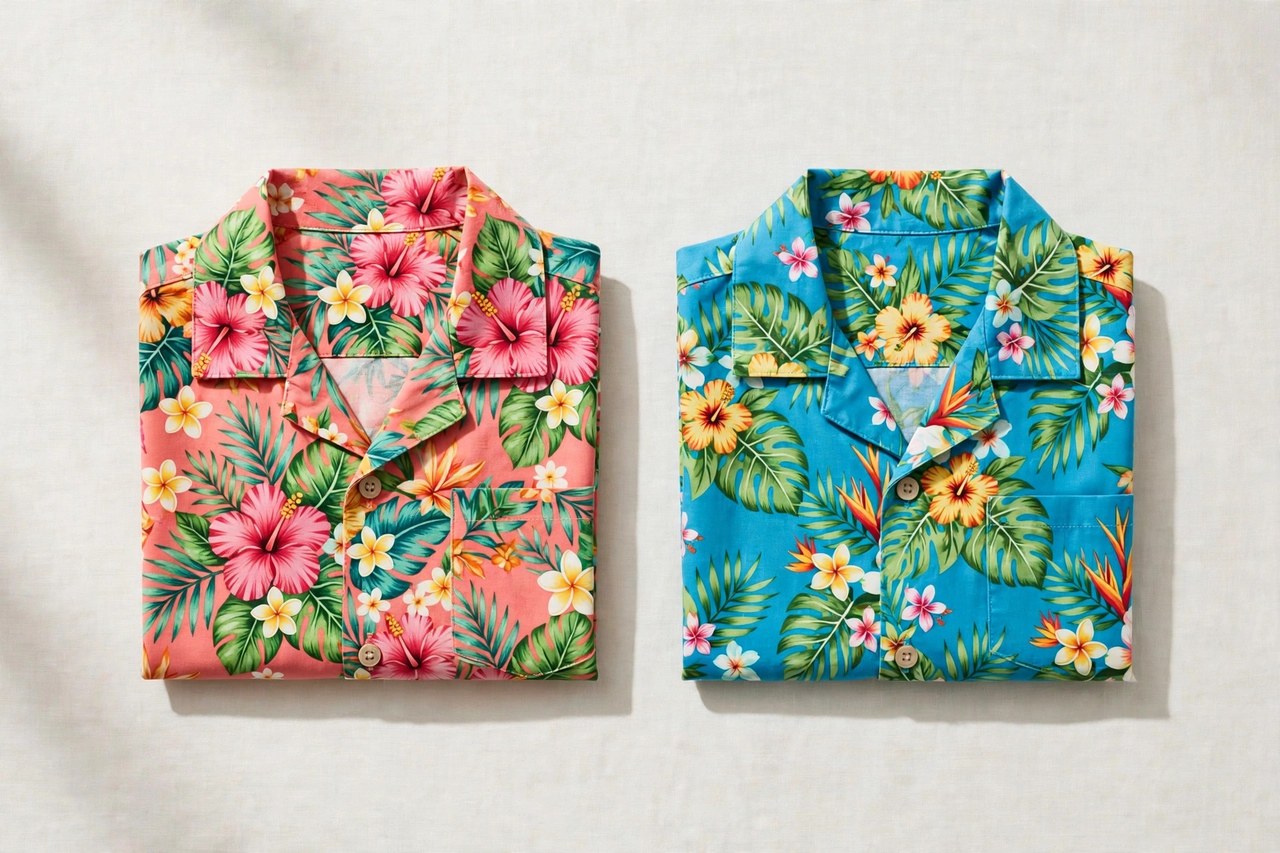 A flat lay of children's Hawaiian shirts: two folded short-sleeve shirts with tropical floral prints in bright colors on a clean background, product photography with no people, no children and no mannequins