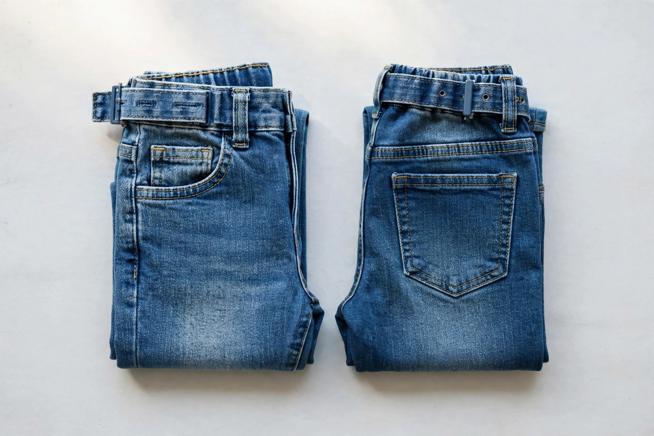 A flat lay of children's jeans: two folded pairs of blue denim jeans showing stitching, pockets and adjustable waistband details on a clean background, product photography with no people, no children and no mannequins