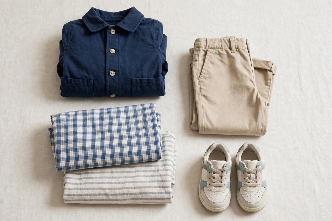 A flat lay of children's clothes: folded shirts, pants, a jacket and shoes arranged in a neat wardrobe set on a clean background, product photography with no people, no children and no mannequins
