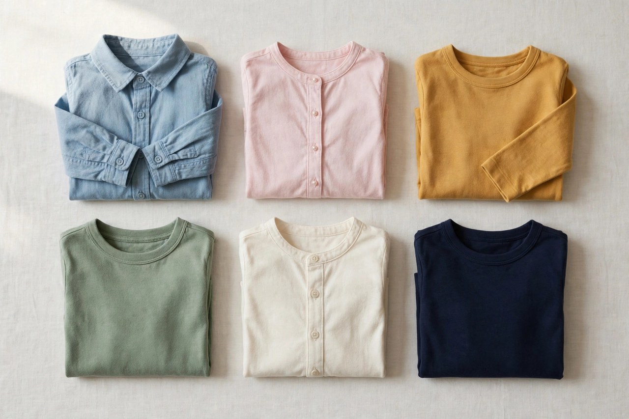 A flat lay of children's long sleeve shirts: folded button-front and casual long-sleeve shirts in several colors on a clean background, product photography with no people, no children and no mannequins