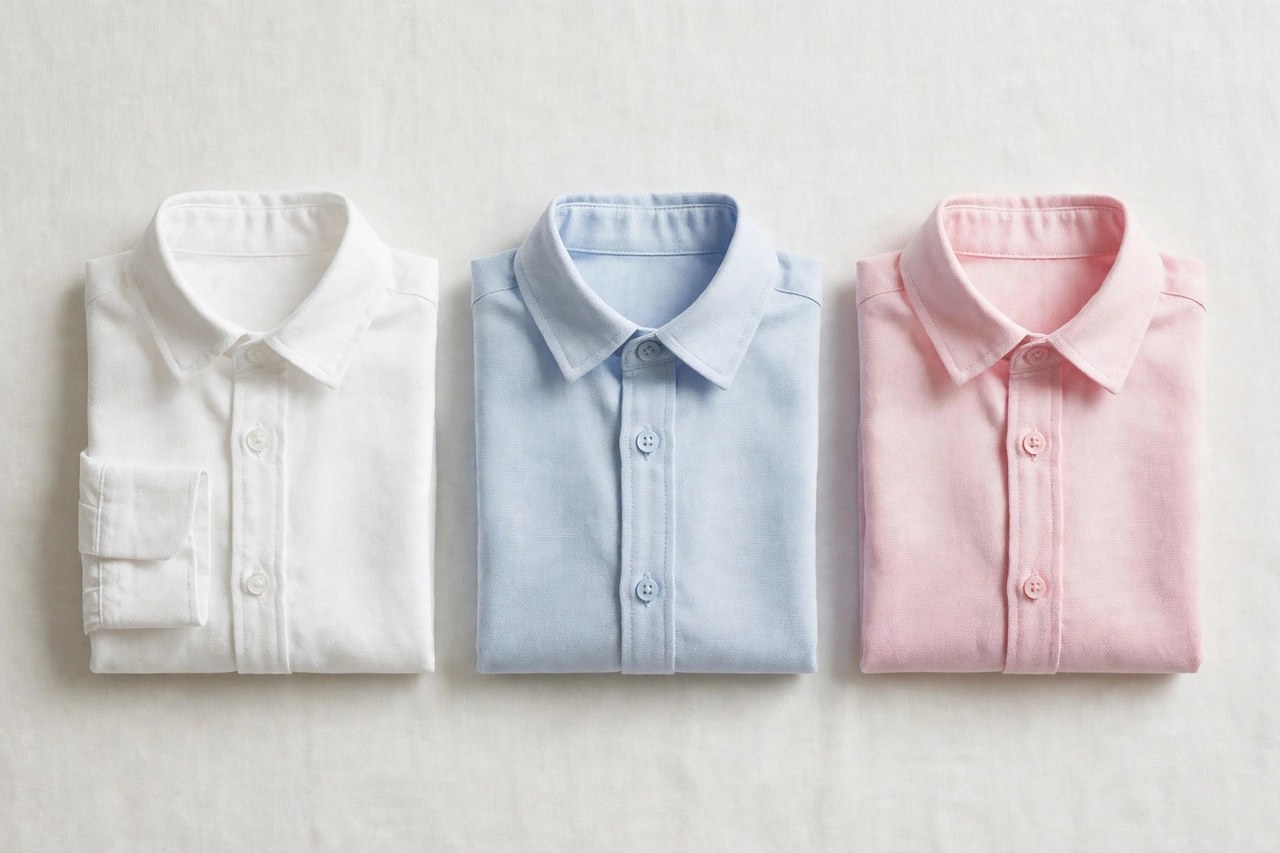 A flat lay of children's oxford shirts: folded button-down collar shirts in white, pale blue and pink oxford cloth on a clean background, product photography with no people, no children and no mannequins