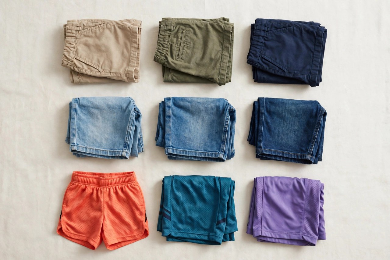 A flat lay of children's shorts: folded chino shorts, denim shorts and sports shorts in several colors on a clean background, product photography with no people, no children and no mannequins