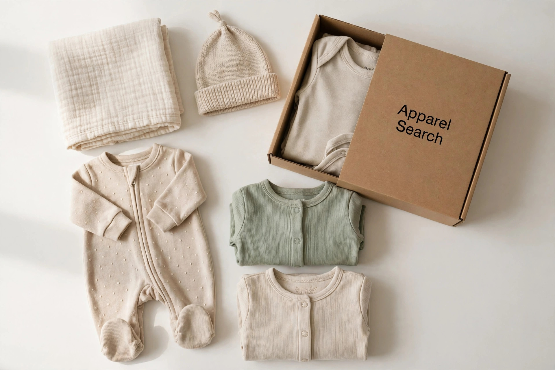 Newborn layette set laid flat, folded bodysuits, a footed sleeper, hat and swaddle blanket beside an open gift box printed Apparel Search, product photography with no people