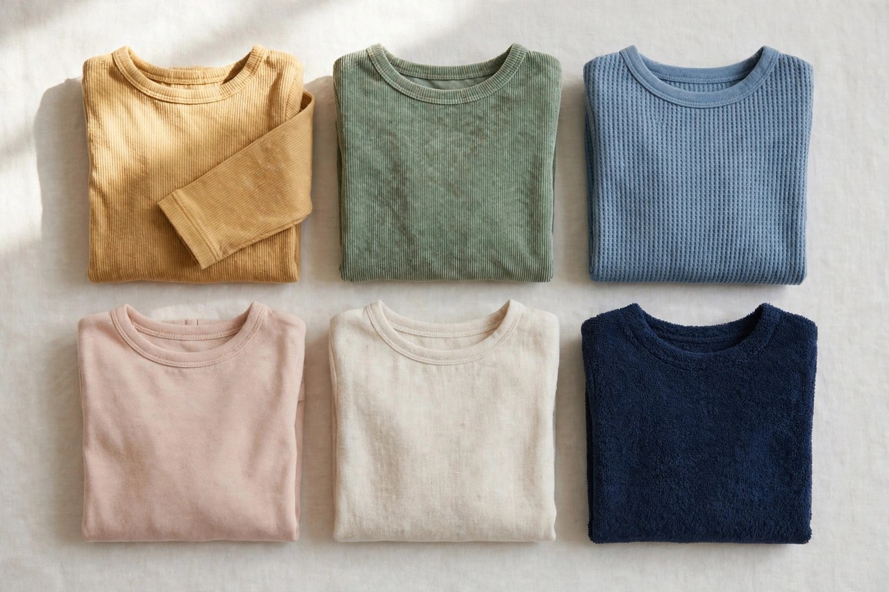 A flat lay of children's long sleeve shirts in different fabrics and colours, folded neatly on a clean background, product photography with no people, no children and no mannequins