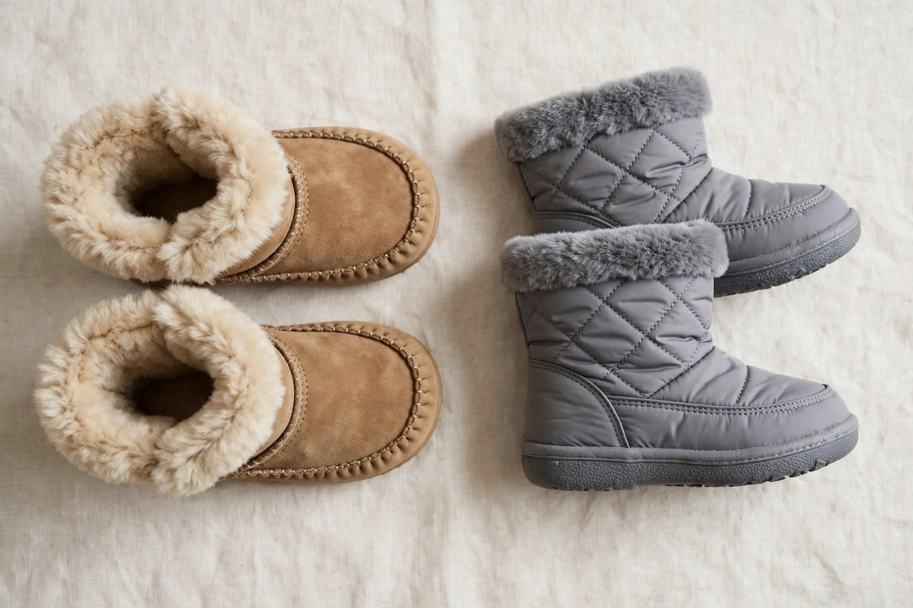 A flat lay of children's mukluk winter boots with soft soles and fur-trimmed tops next to a second insulated pair, arranged on a clean background, product photography with no people, no children and no mannequins