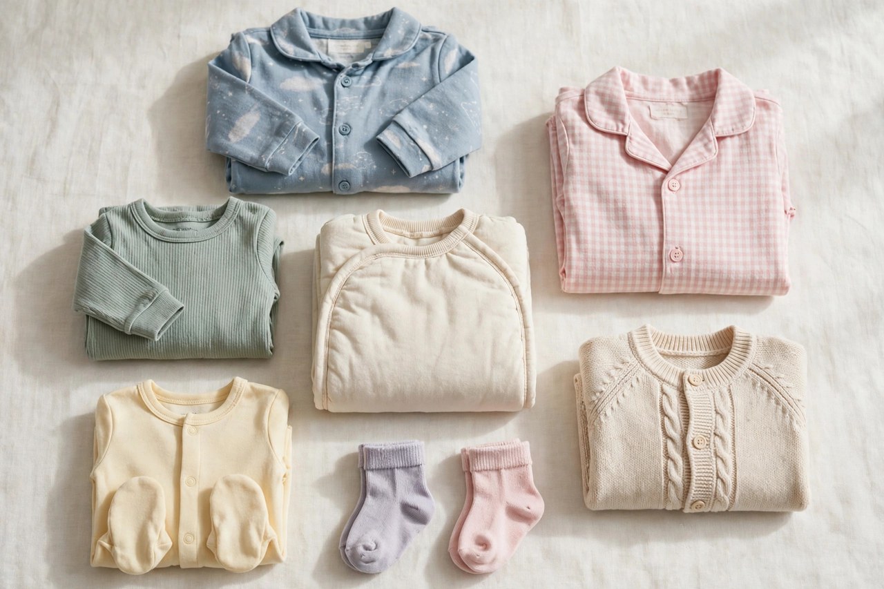 A flat lay of folded children's pajamas, sleepwear and infant clothing in soft colours, neatly arranged on a clean background, product photography with no people, no children and no mannequins