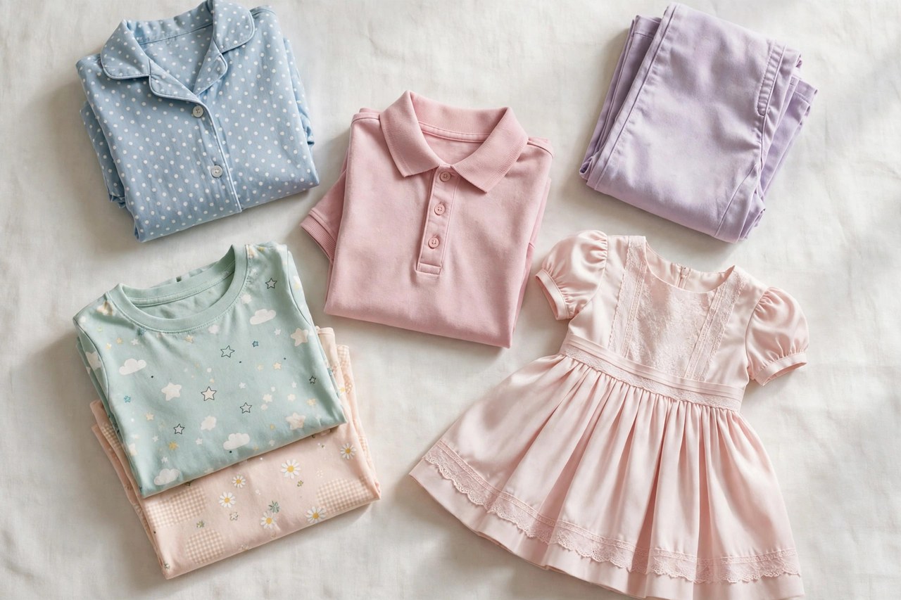 A flat lay of children's clothing beginning with P: folded pajamas, pants, a polo shirt, printed tees and a formal dress arranged on a clean background, product photography with no people, no children and no mannequins