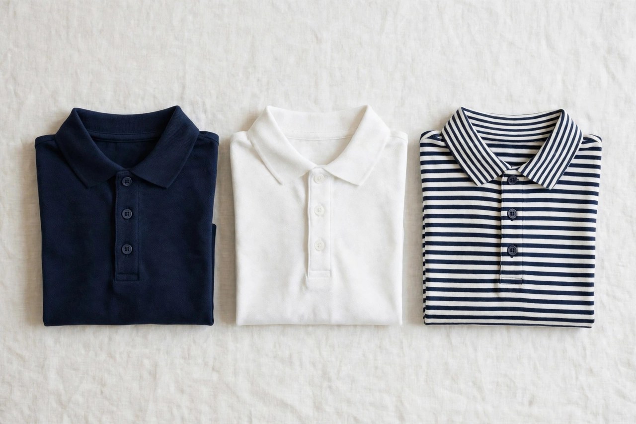 A flat lay of children's polo shirts with collars and button plackets in navy, white and stripes, folded neatly on a clean background, product photography with no people, no children and no mannequins