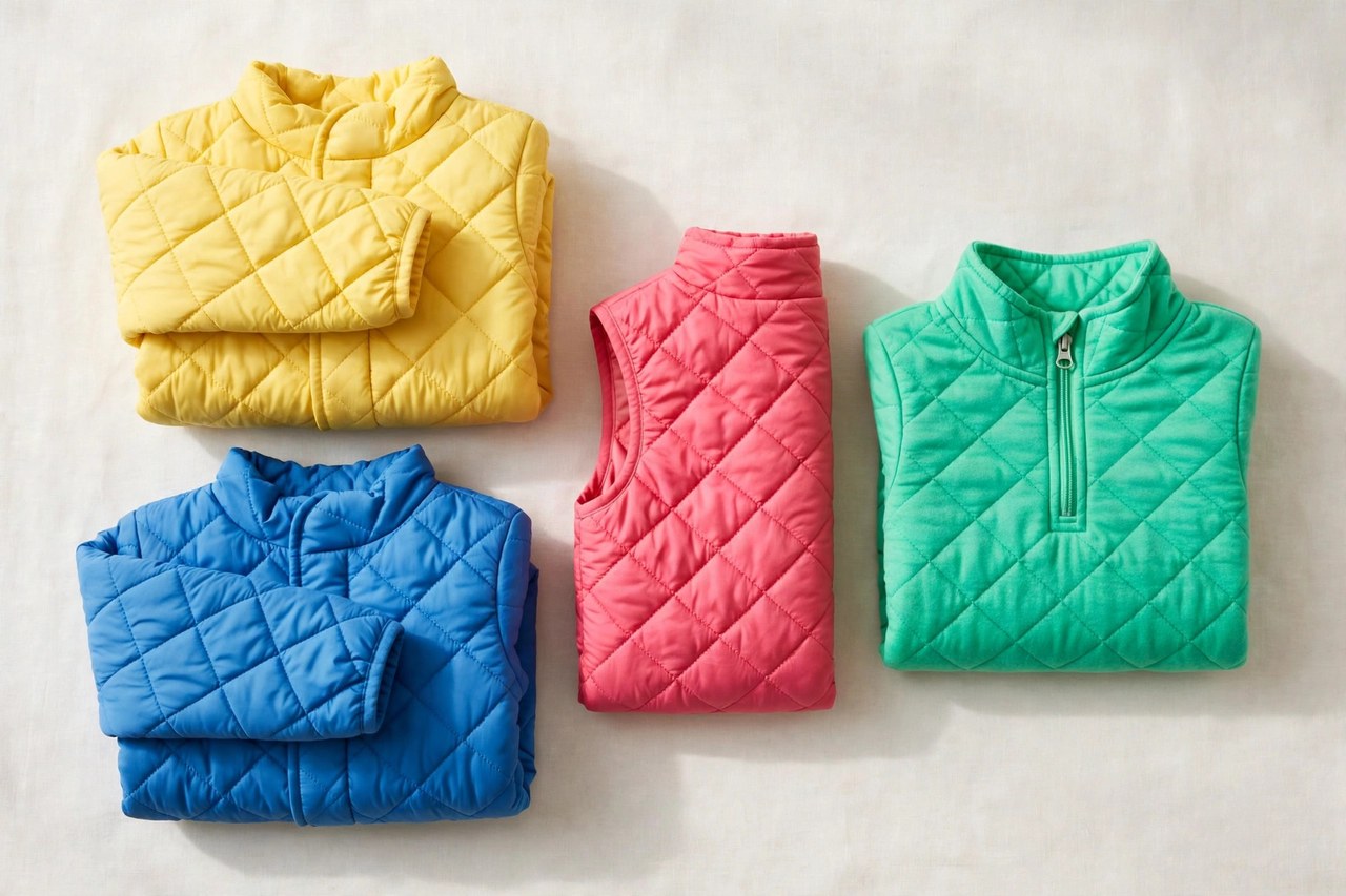 A flat lay of folded children's quilted jackets, a quilted vest and a quarter-zip top in bright colours, neatly arranged on a clean background, product photography with no people, no children and no mannequins