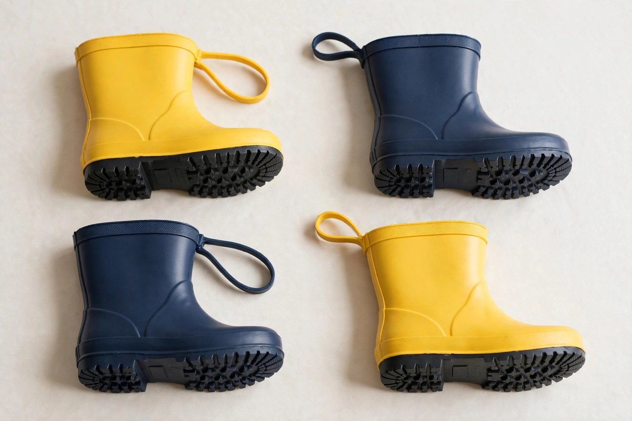 A flat lay of children's rain boots in bright yellow and navy rubber with pull-on handles and treaded soles, arranged on a clean background, product photography with no people, no children and no mannequins
