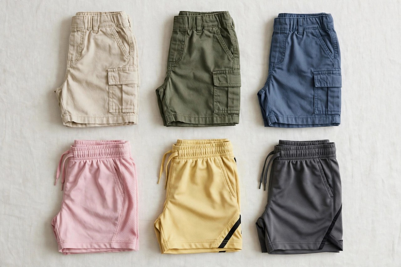 A flat lay of children's shorts in cotton twill, cargo and athletic styles in varied colours, folded neatly on a clean background, product photography with no people, no children and no mannequins