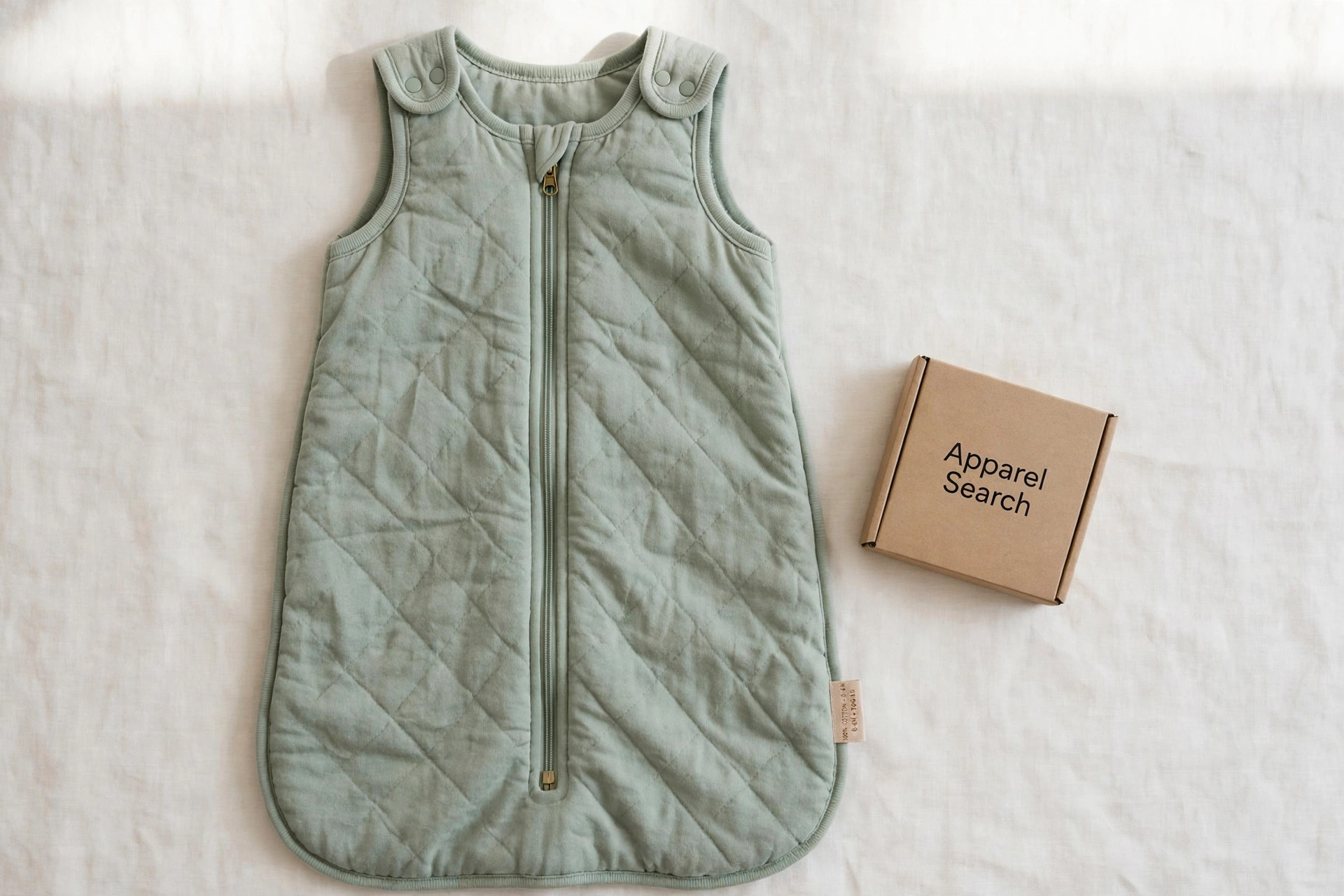 Baby sleep sack wearable blanket in soft sage green cotton laid flat, front zipper and shoulder snaps visible beside a small gift box printed Apparel Search, product photography with no people
