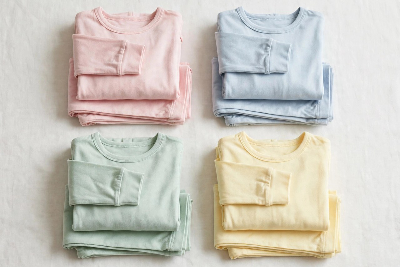 A flat lay of children's sleepwear: folded cotton pajama sets in soft colours laid neatly on a clean background, product photography with no people, no children and no mannequins