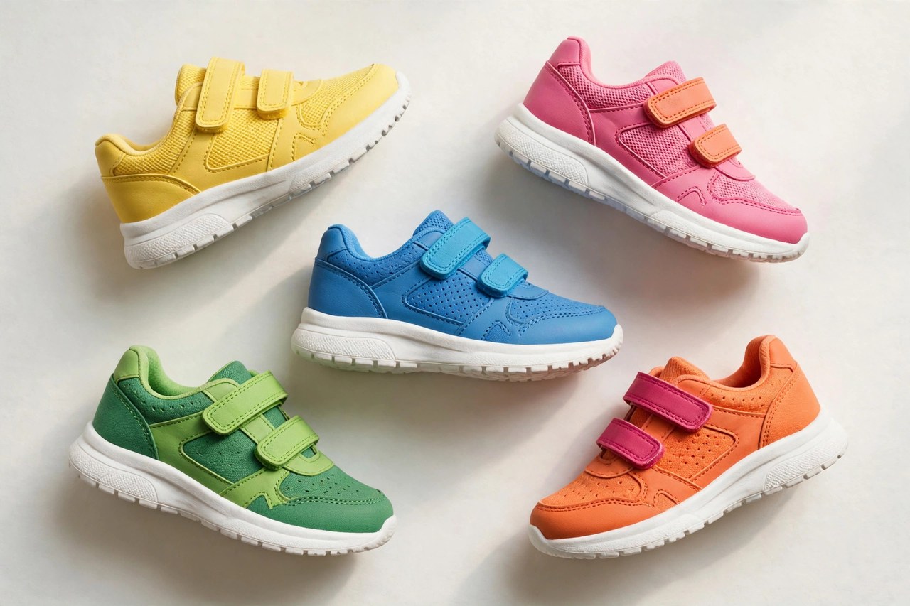 A flat lay of children's sneakers with cushioned soles and hook-and-loop straps in bright colours, arranged on a clean background, product photography with no people, no children and no mannequins