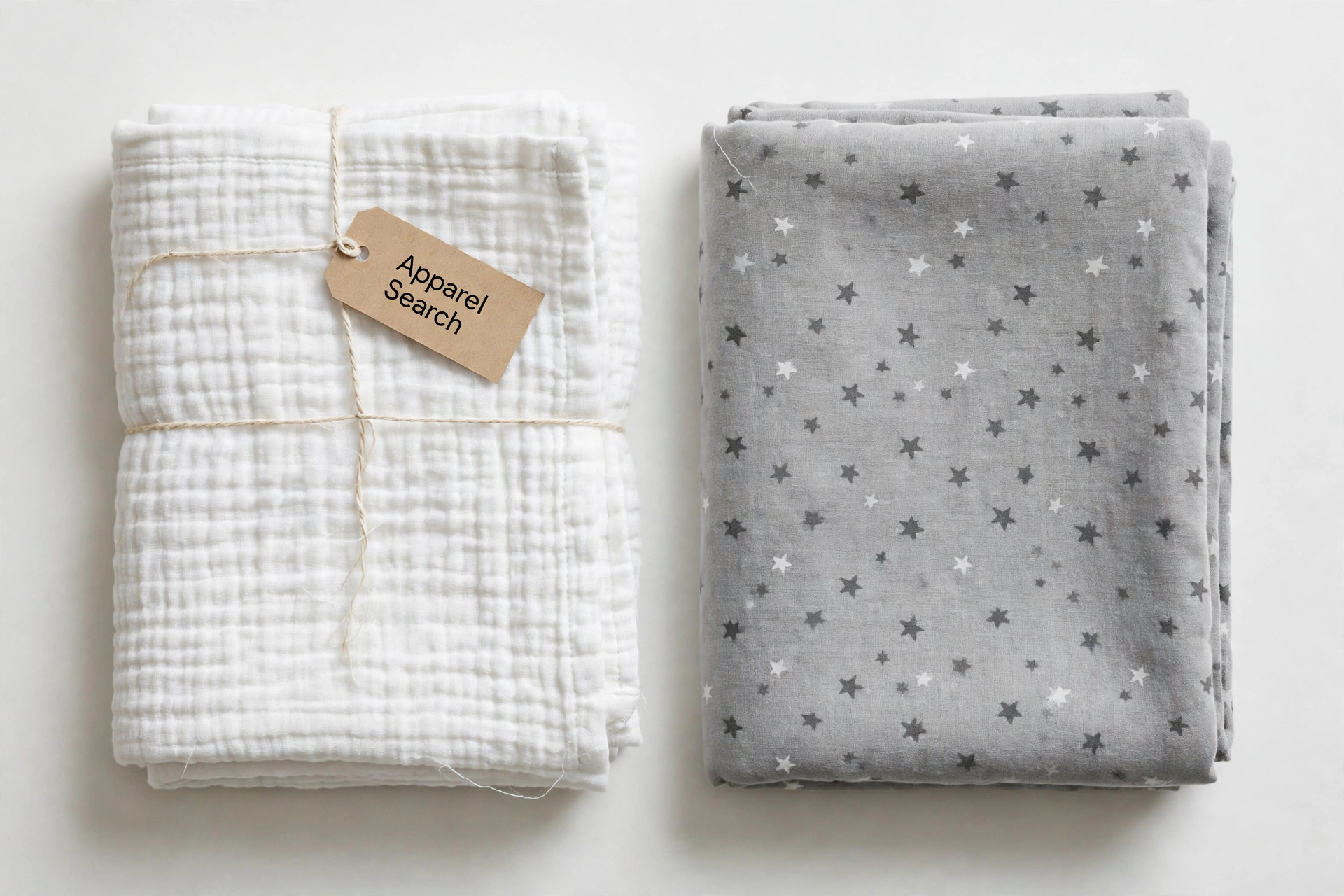 Folded swaddle blankets in white muslin and a soft grey star print laid flat with a paper Apparel Search tag attached, product photography with no people