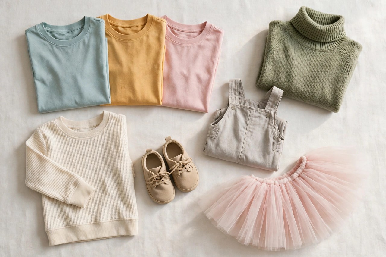 A flat lay of children's clothing beginning with T: folded t-shirts, a thermal top, toddler garments, small toddler shoes, a turtleneck and a tulle tutu arranged on a clean background, product photography with no people, no children and no mannequins