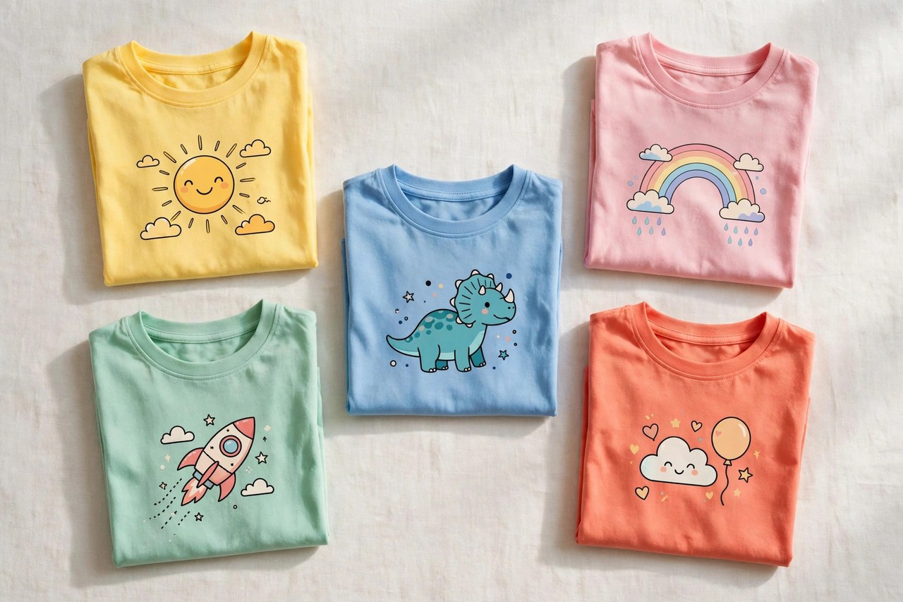 A flat lay of children's t-shirts in soft cotton jersey in bright colours with cheerful graphic prints, folded neatly on a clean background, product photography with no people, no children and no mannequins