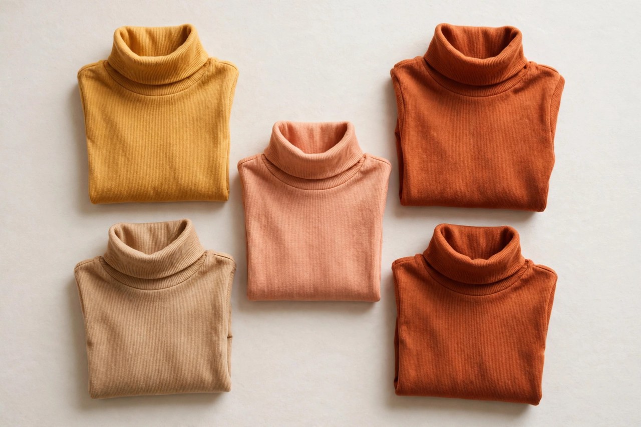 A flat lay of children's turtleneck tops in soft ribbed knit cotton in warm colours, folded neatly showing the high roll collars, on a clean background, product photography with no people, no children and no mannequins