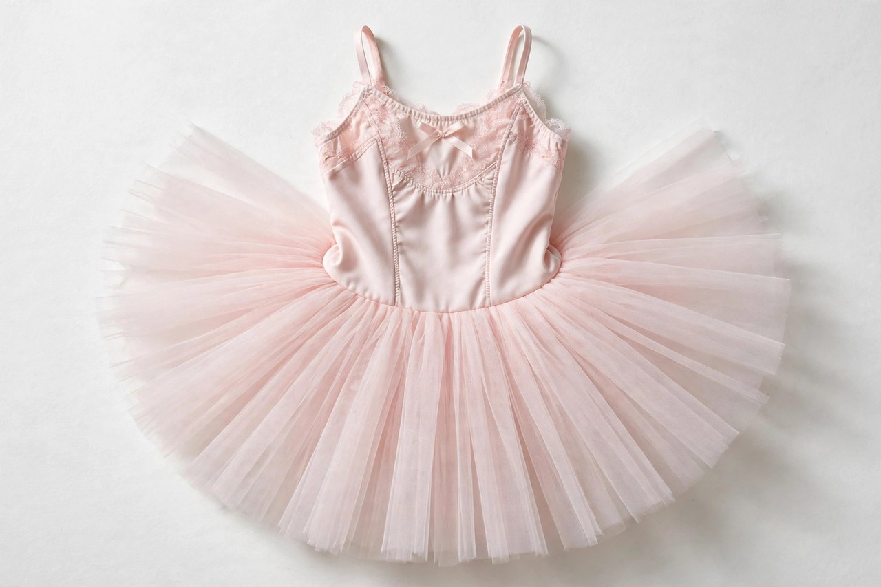 A flat lay of a children's ballet tutu garment: layers of soft tulle netting in pale pink attached to a bodice, laid flat on a clean background, product photography with no people, no children and no mannequins