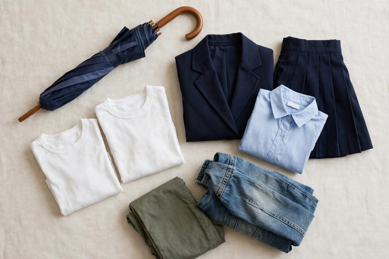 A flat lay of children's clothing beginning with U: a small umbrella, folded white undershirts, a school uniform set and gently used folded clothes arranged on a clean background, product photography with no people, no children and no mannequins