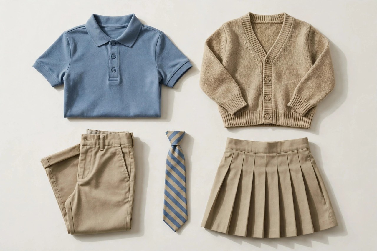 A flat lay of a children's school uniform set: a polo shirt, khaki trousers, a pleated skirt, a cardigan and a tie in coordinated colours, laid flat on a clean background, product photography with no people, no children and no mannequins