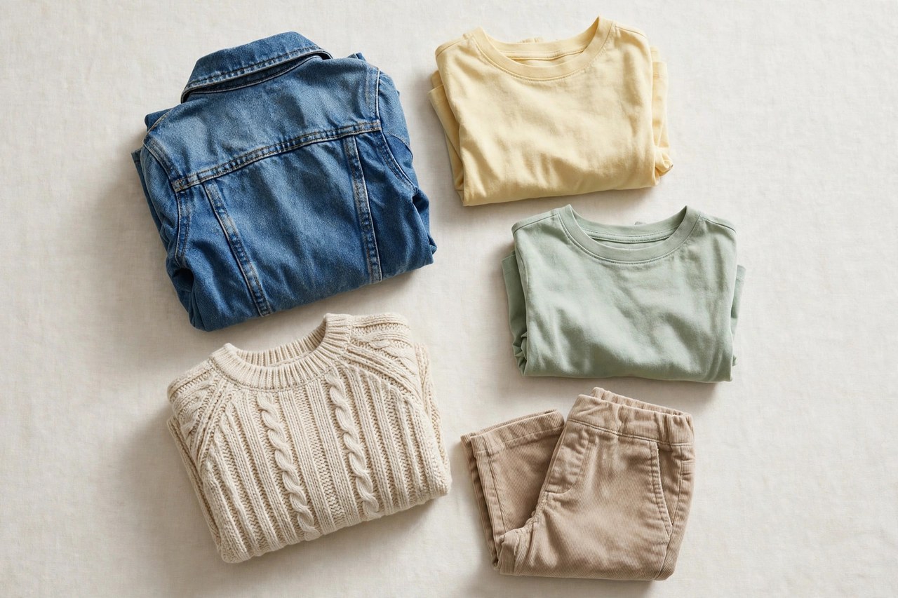 A flat lay of gently used children's clothes: a folded denim jacket, cotton t-shirts, a knitted sweater and small trousers in good condition arranged on a clean background, product photography with no people, no children and no mannequins