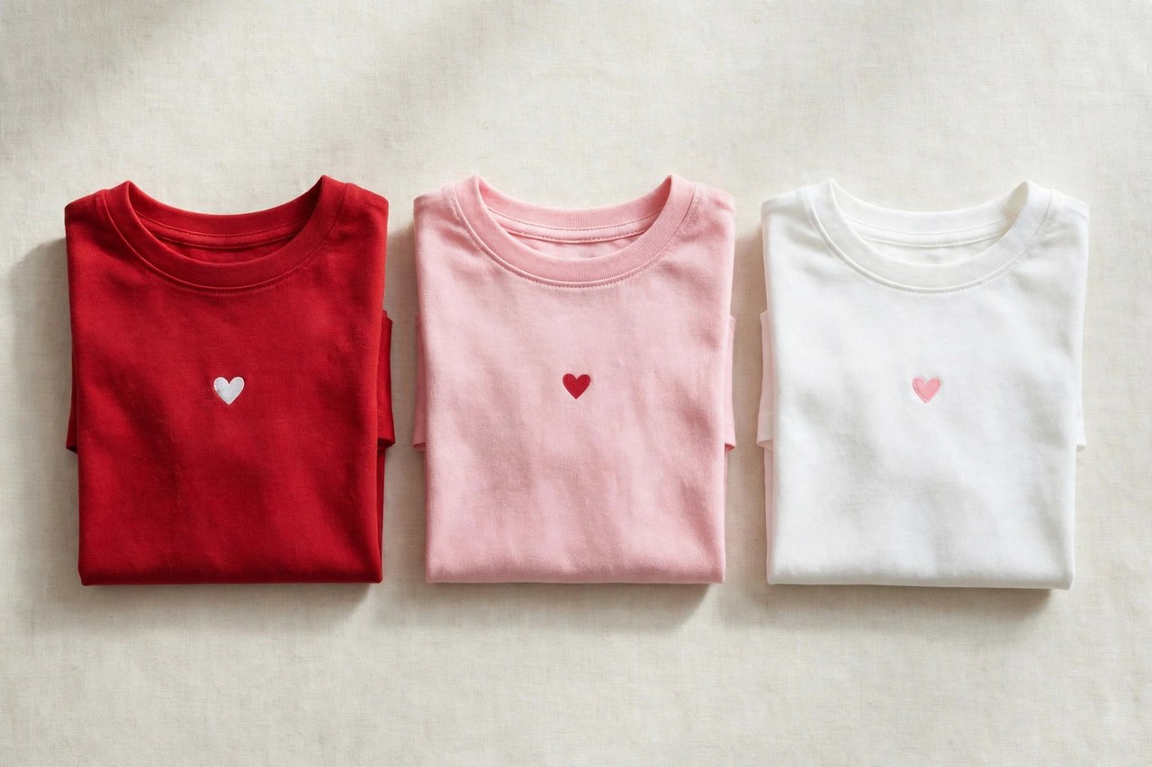 A flat lay of children's Valentine's Day t-shirts: red, pink and white cotton tees with simple heart designs, folded neatly on a clean background, product photography with no people, no children and no mannequins