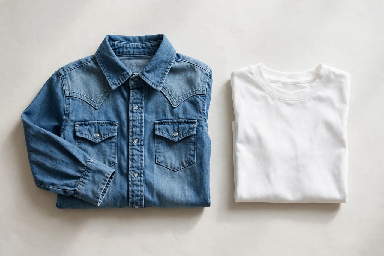 A flat lay of children's clothing beginning with W: a denim western shirt with a shaped yoke and a folded plain white t-shirt in children's sizes arranged on a clean background, product photography with no people, no children and no mannequins