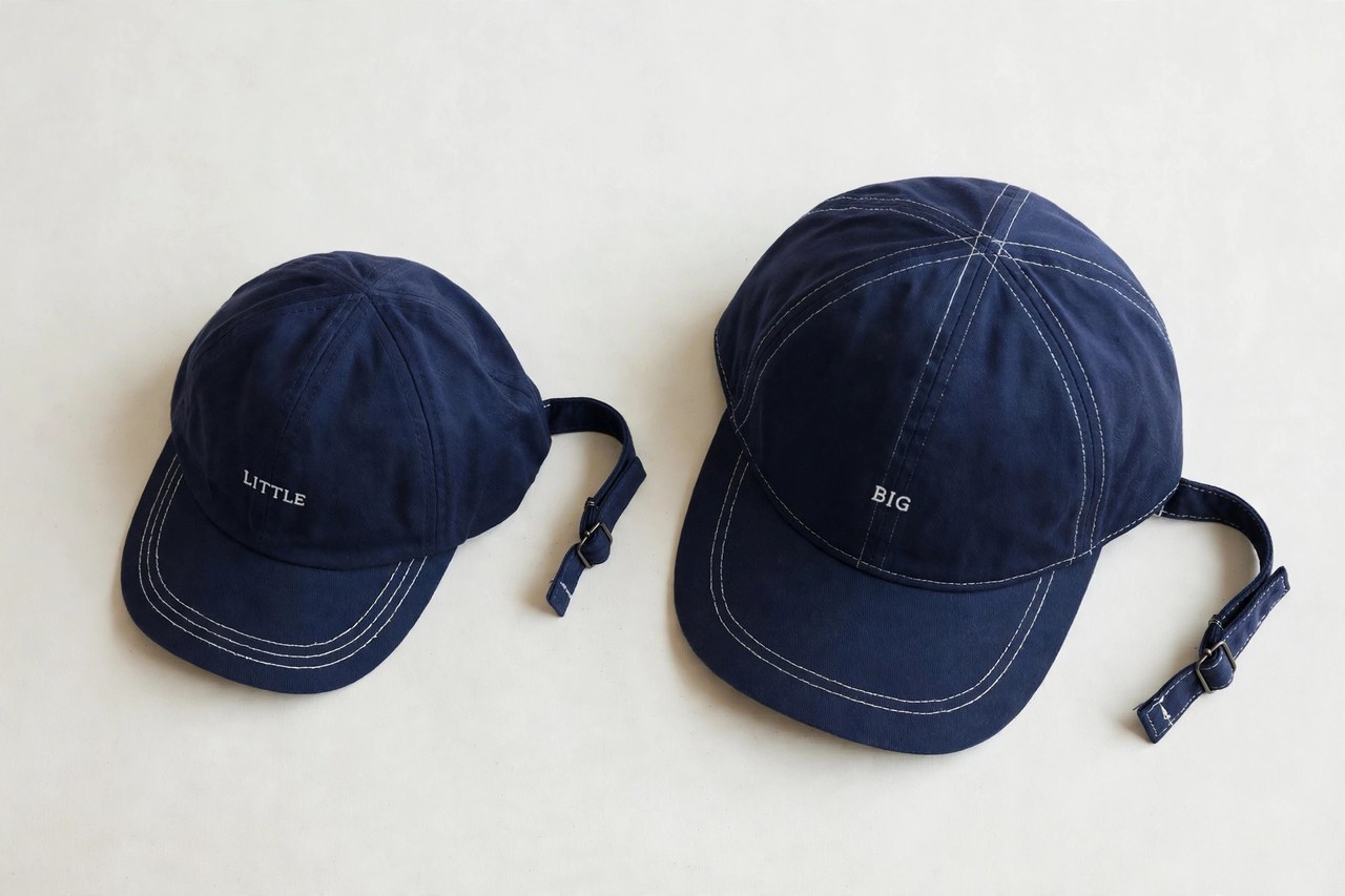 A flat lay of children's baseball caps in navy with white lettering, in two sizes with adjustable straps visible, laid flat on a clean background, product photography with no people, no children and no mannequins