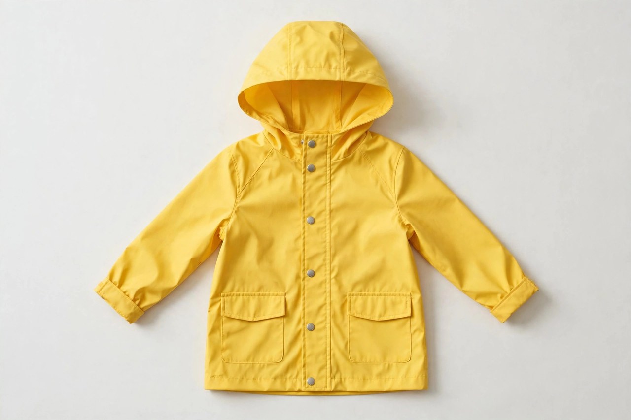 A flat lay of a children's bright yellow hooded raincoat with snap fastenings, laid flat on a clean background, product photography with no people, no children and no mannequins