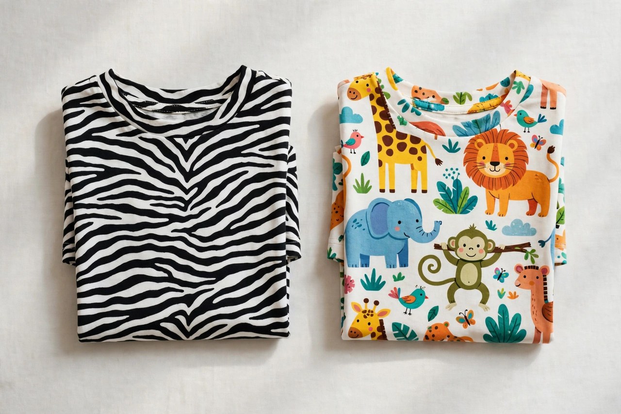 A flat lay of children's clothing beginning with Z: a black and white zebra print shirt and a colourful zoo animal t-shirt in children's sizes folded on a clean background, product photography with no people, no children and no mannequins