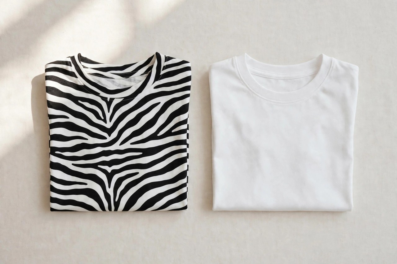 A flat lay of a children's zebra print shirt with bold black and white stripes, folded beside a plain white children's t-shirt on a clean background, product photography with no people, no children and no mannequins