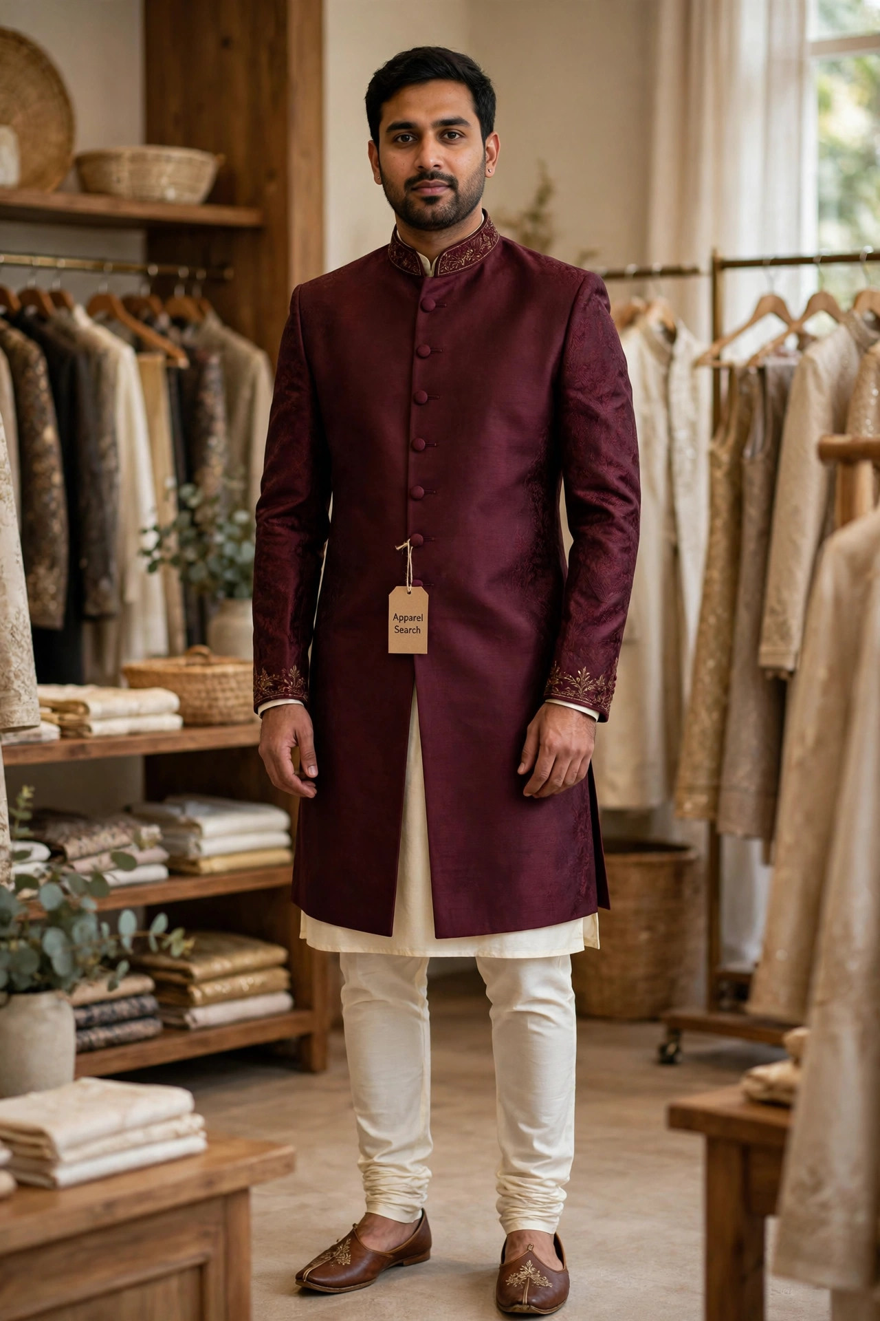 Man wearing a maroon achkan, a high-collared buttoned formal coat with embroidered collar and cuffs, over a cream kurta and slim churidar trousers