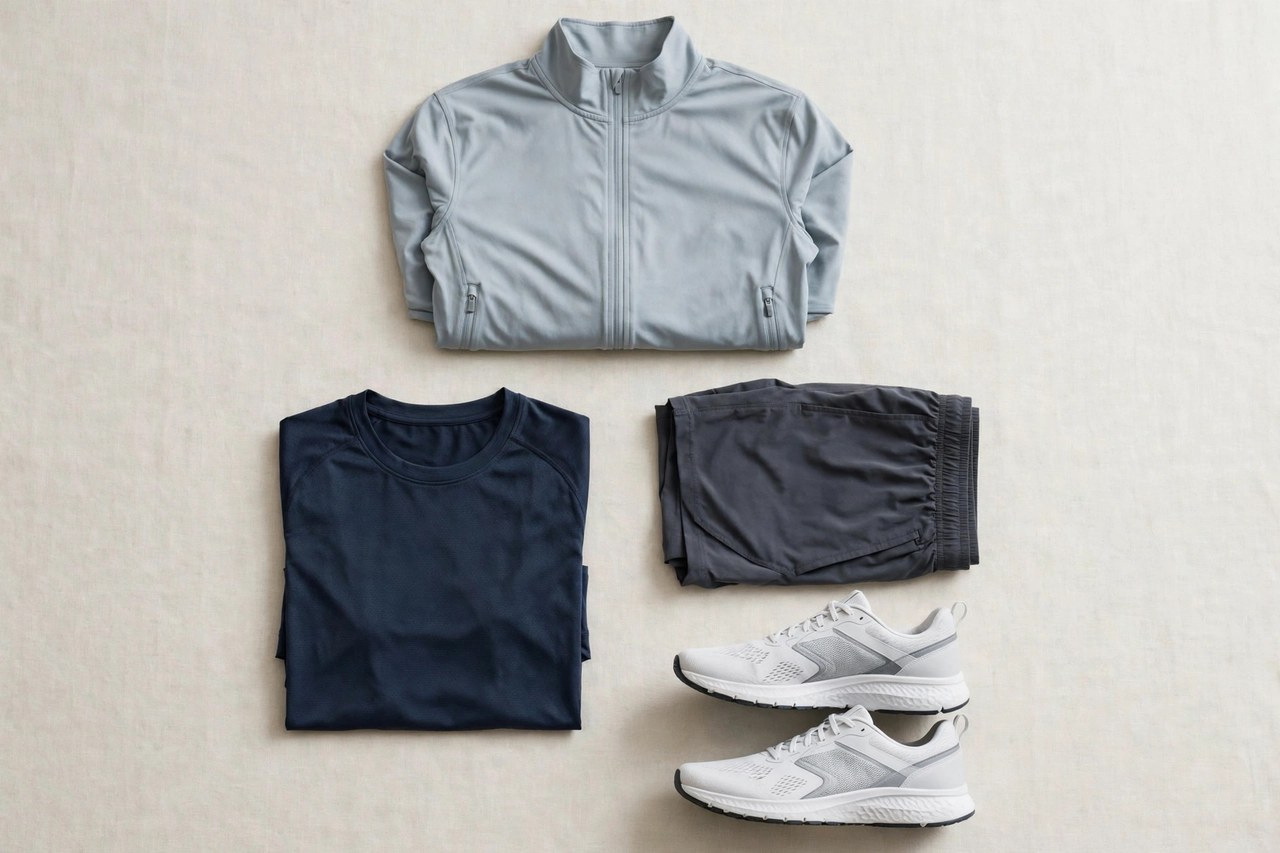 A flat lay of men's activewear: a moisture-wicking training shirt, stretch shorts, a lightweight zip jacket and trainers arranged on a clean background, product photography with no people