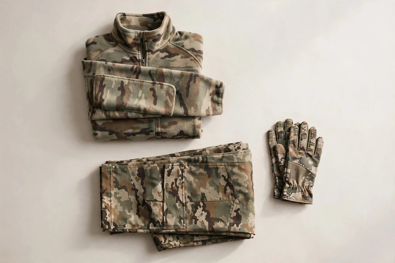 A flat lay of men's archery hunting clothing in camouflage: a quiet fleece jacket, hunting pants and gloves arranged on a clean background, product photography with no people