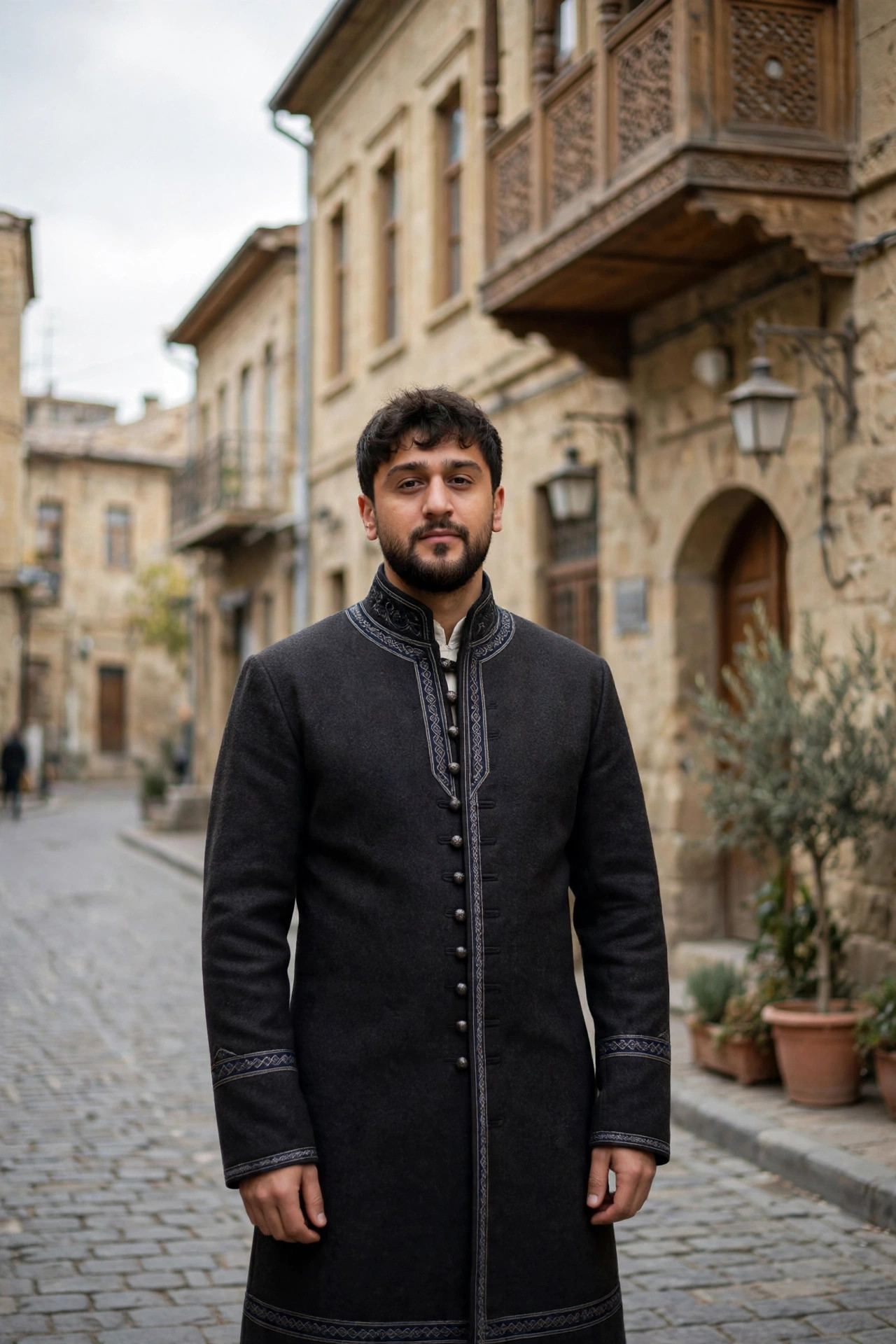 Man wearing a traditional Azerbaijani arkhalig, a fitted long coat with a high collar, in a historic Caucasus street
