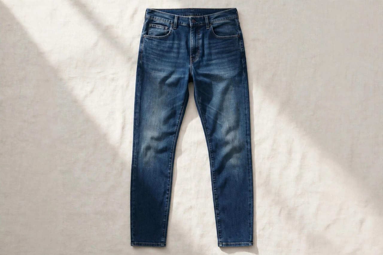 Men's athletic fit jeans in a mid indigo wash laid flat, showing the generous thigh and seat tapering to a clean ankle, product photography with no people