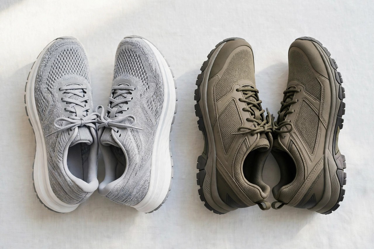 A flat lay of men's athletic shoes: a pair of cushioned running shoes beside cross-training shoes arranged on a clean background, product photography with no people