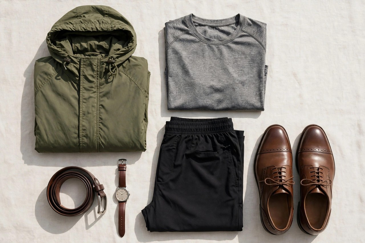 A flat lay of men's clothing beginning with A: folded accessories including a belt and watch, an anorak jacket, apron toe oxford shoes and athletic clothing arranged on a clean background