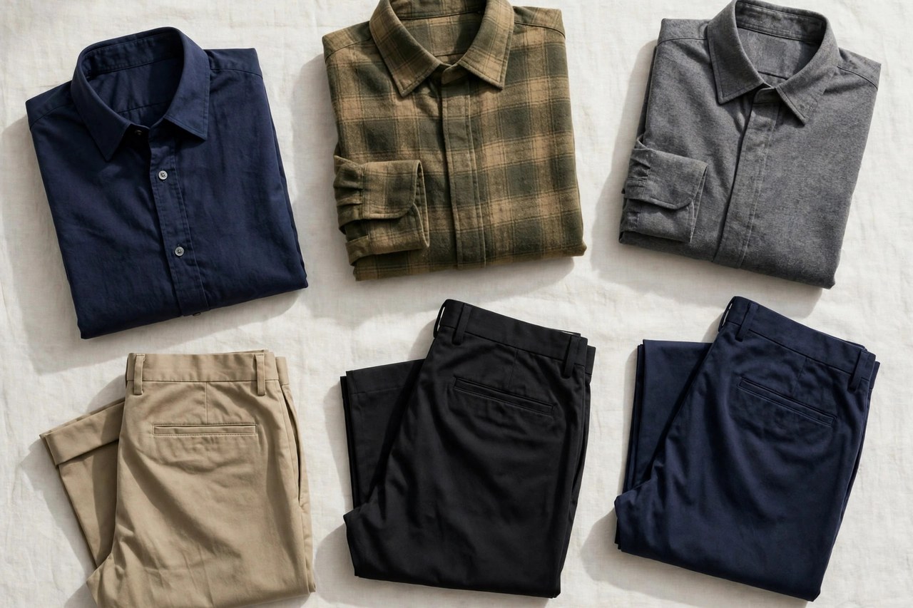 A flat lay of men's big and tall shirts and trousers folded in extended sizes, product photography with no people