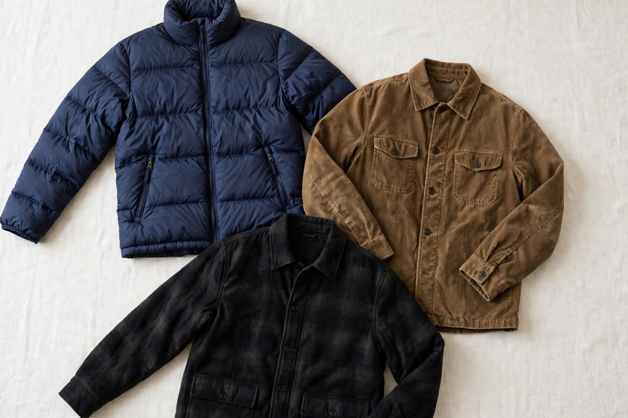 A flat lay of men's jackets in a big and tall size, product photography with no people