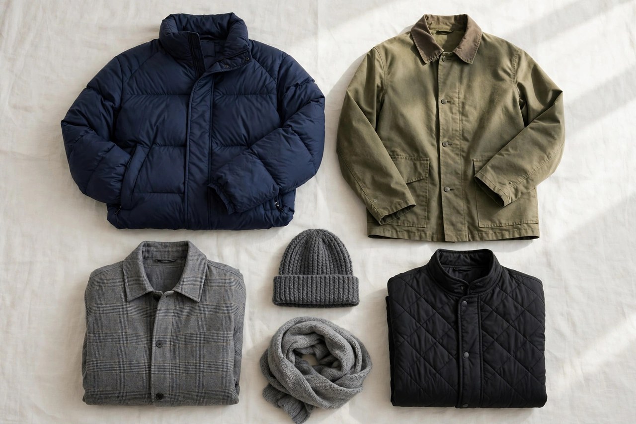 A flat lay of men's outerwear in a big and tall size, product photography with no people