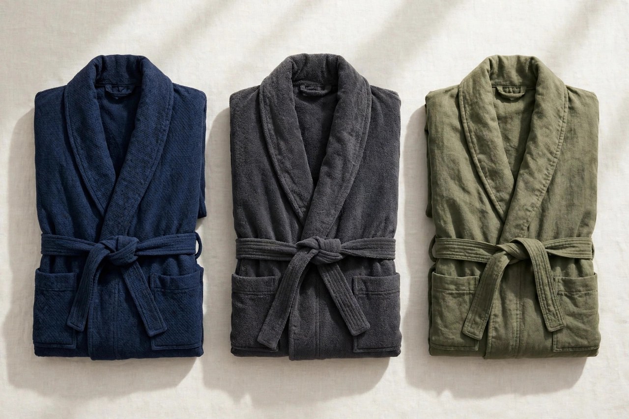 A flat lay of men's robes in a big and tall size, product photography with no people