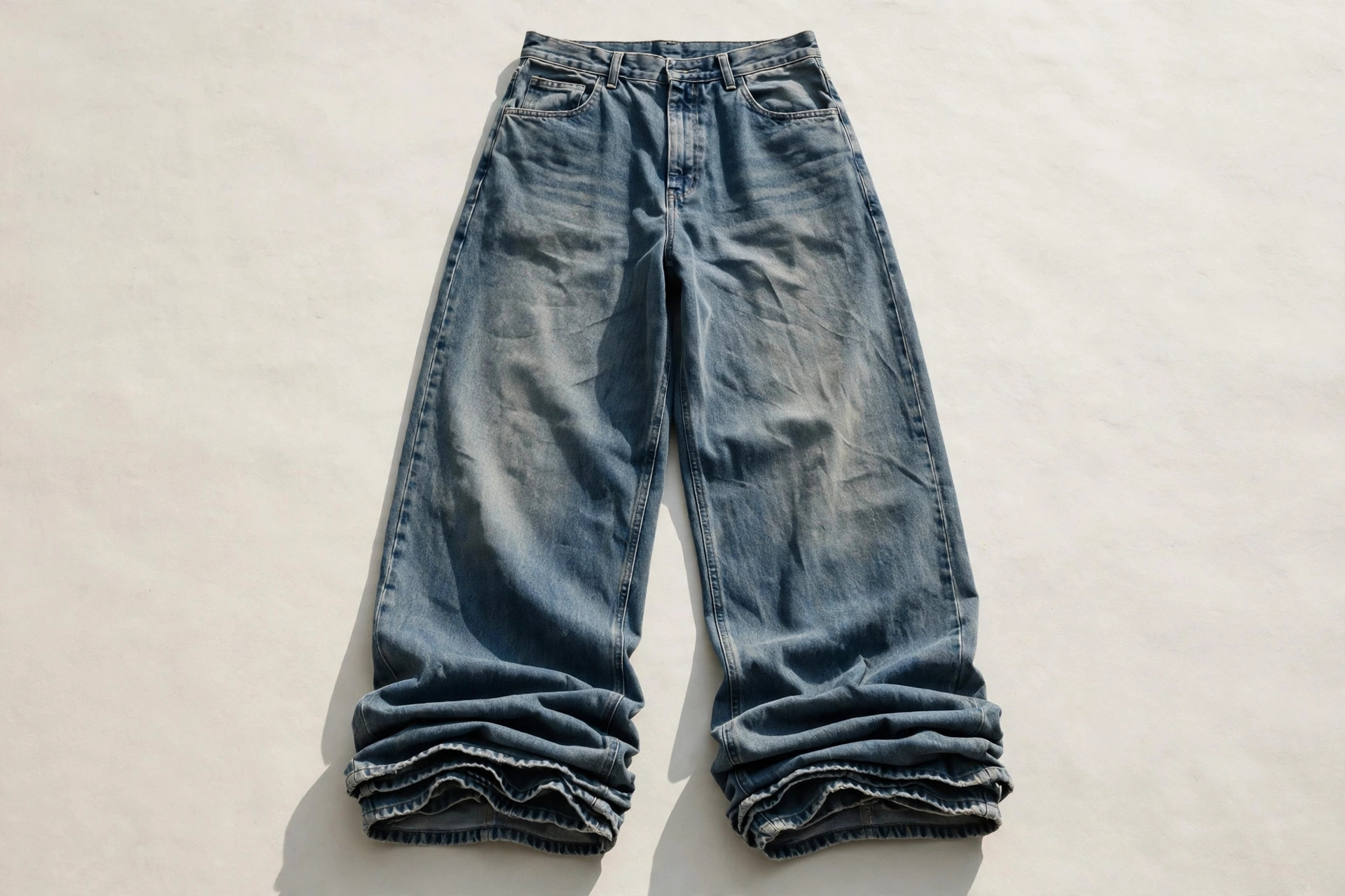 Men's baggy jeans in faded indigo denim laid flat, showing the very loose wide leg falling straight to a long stacked hem, product photography with no people