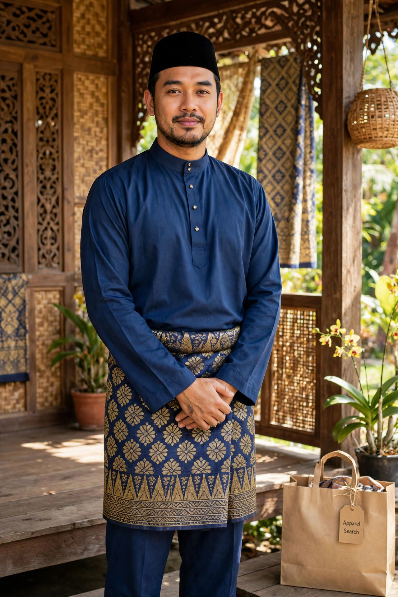 Man wearing a traditional Malay baju melayu in deep blue with a woven songket samping around the waist and a black songkok cap
