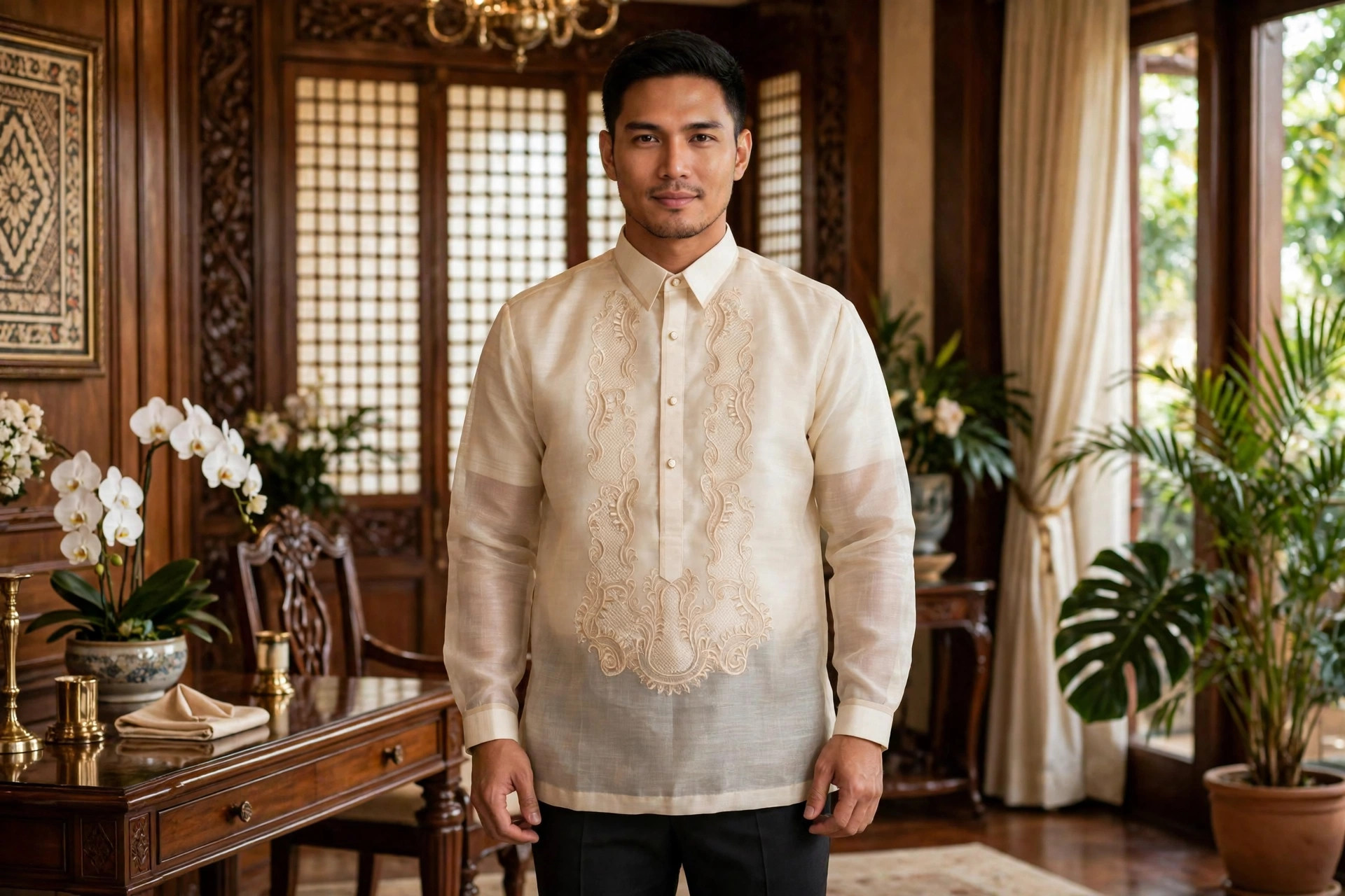 Man wearing a formal Barong Tagalog, an embroidered sheer long-sleeved Filipino shirt worn untucked over dark trousers